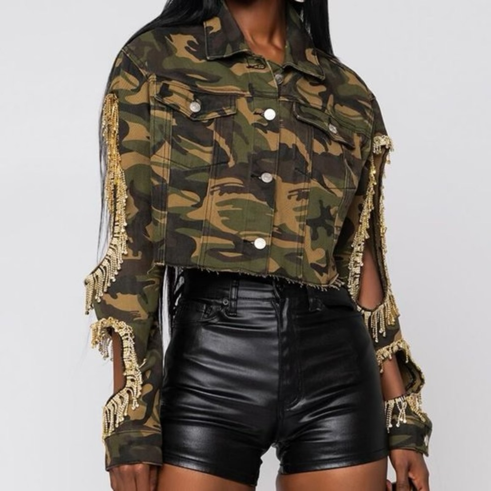 AZALEA WANG CUT OUT ARM RHINESTONE CAMOUFLAGE JACKET